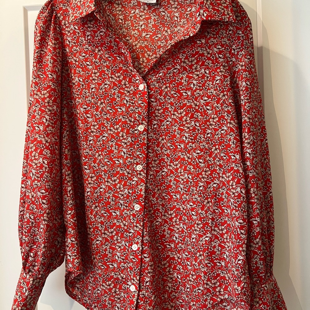 Floral Red Button-Up Blouse